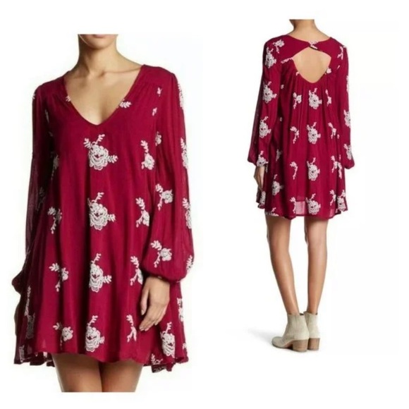🎉Free People Austin Emma Maroon Embroidered Floral Long Sleeve Dress A180 - Picture 8 of 8